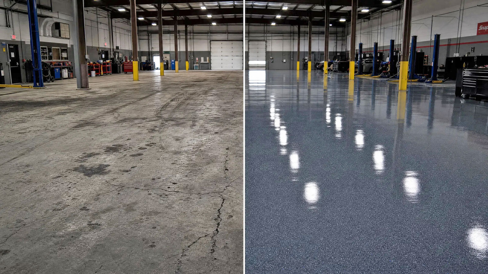 Commercial floor coating before and after — auto shop in Worcester MA