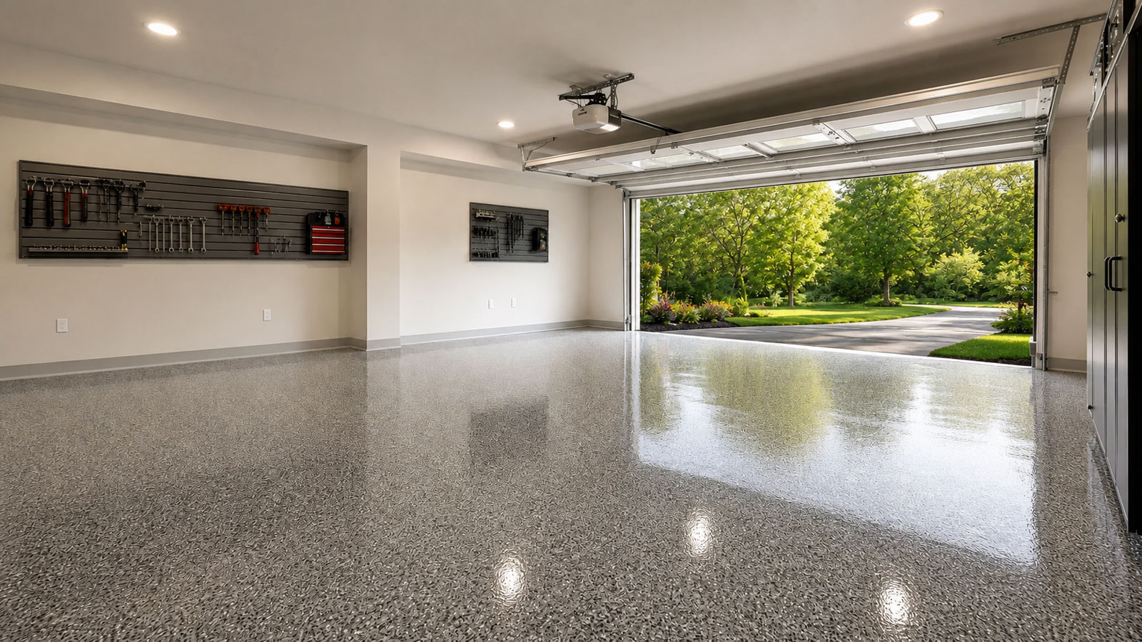 Professionally coated residential garage in an eastern deciduous setting