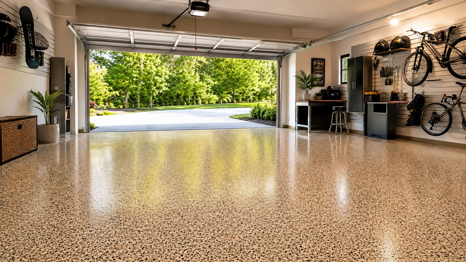 Professionally coated residential garage in an eastern deciduous setting
